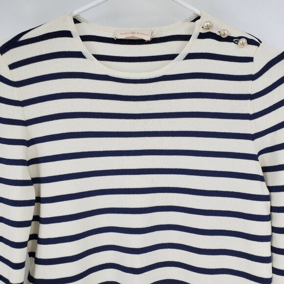 Tory Burch Navy Blue and White Striped Red Button Pearl Neck Sweater Medium - Picture 6 of 9